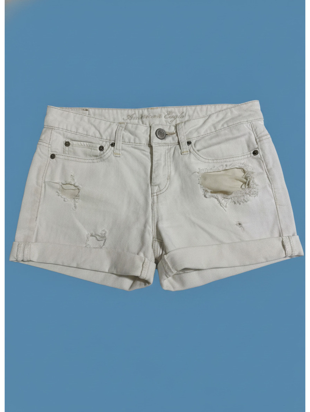 American Eagle White Distressed Denim Shorts Size 0